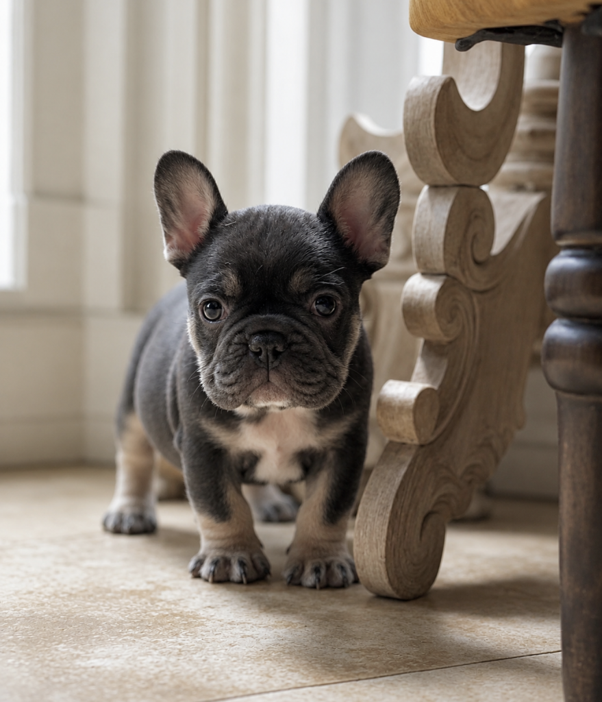 AKC blue French Bulldog puppy standing indoors in Texas
